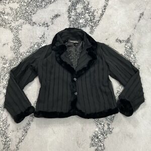 Dino Gaspari Rabbit Fur Trim Blazer Jacket Black Striped Womens Size Large